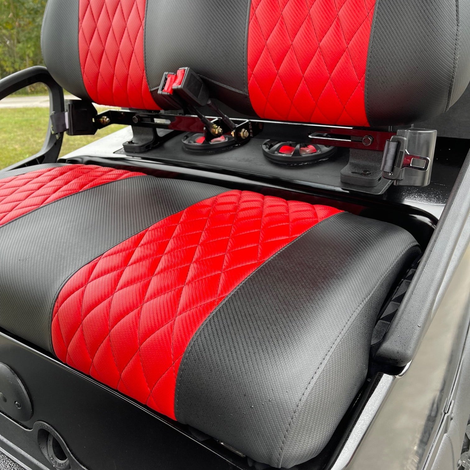 Club Car Golf Seat Covers for 4 Passenger - Carbon Black with Diamond Red Carbon and Red Stitching